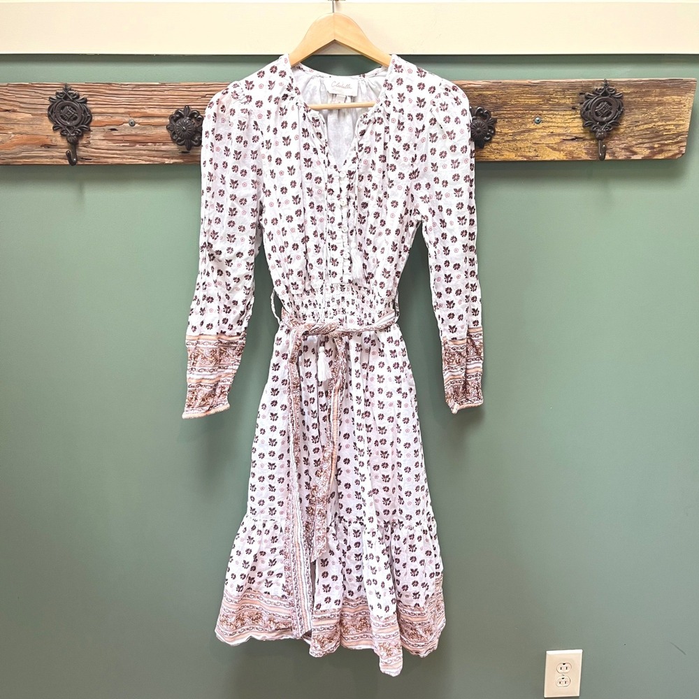 Cleobella Womens White Floral Block Print Cotton Midi Dress Long Sleeve Size M